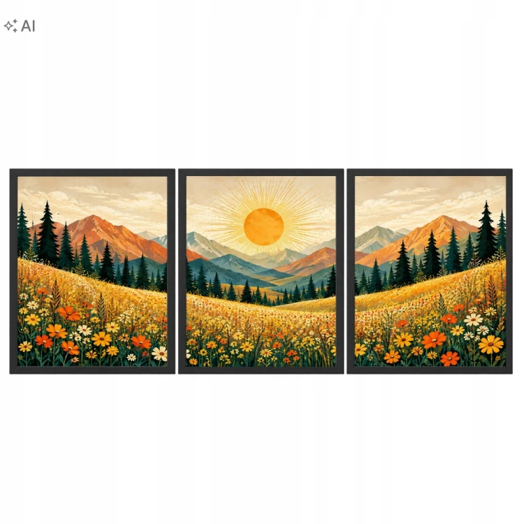 Obrazy do Salonu Zestaw 3 szt 33x43 cm w Ramach Góry Kwiaty Słońce