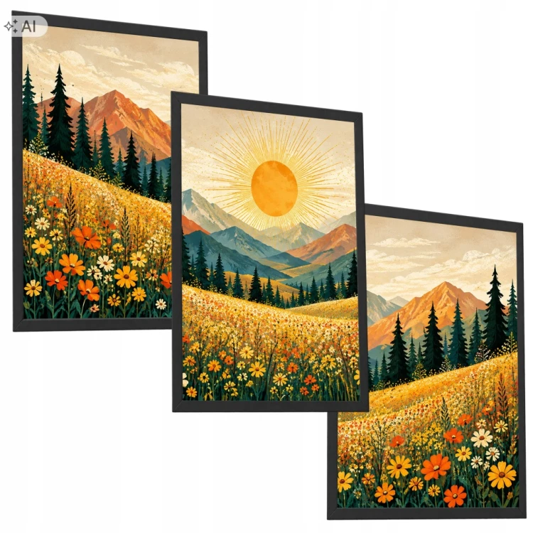 Obrazy do Salonu Zestaw 3 szt 33x43 cm w Ramach Góry Kwiaty Słońce