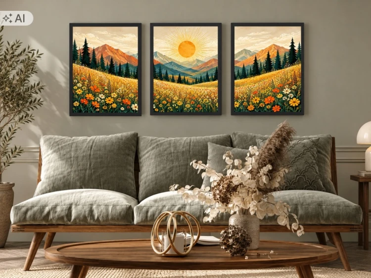Obrazy do Salonu Zestaw 3 szt 33x43 cm w Ramach Góry Kwiaty Słońce