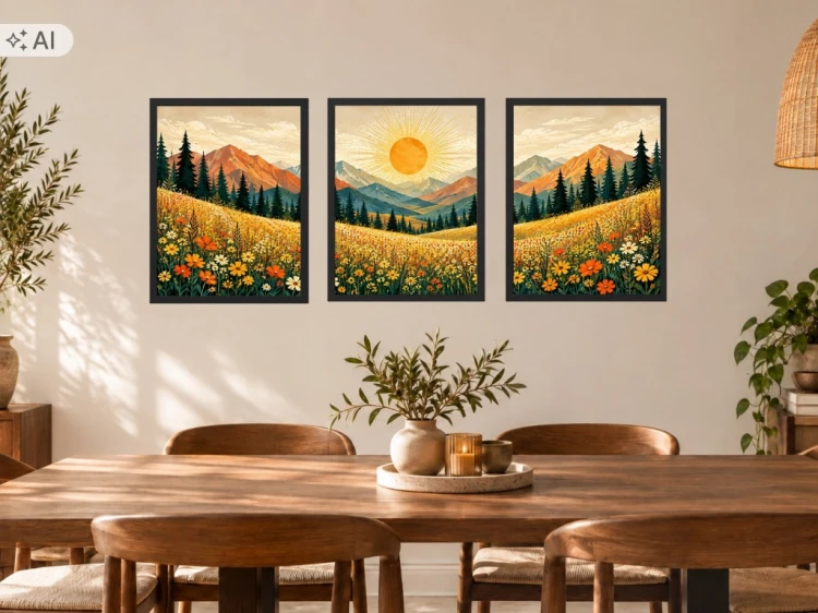 Obrazy do Salonu Zestaw 3 szt 33x43 cm w Ramach Góry Kwiaty Słońce