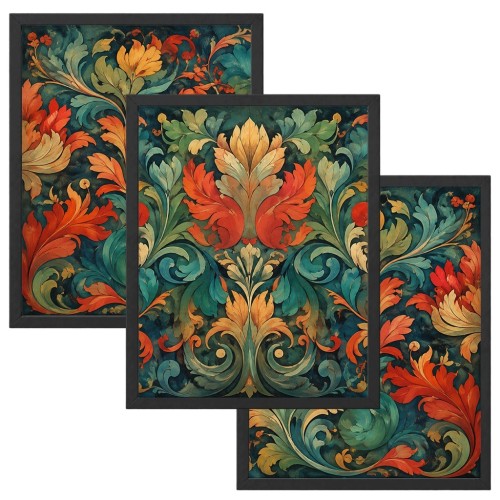Zestaw 3 Obrazów w Ramach 33x43 cm Tryptyk Roślinny Ornament do Salonu