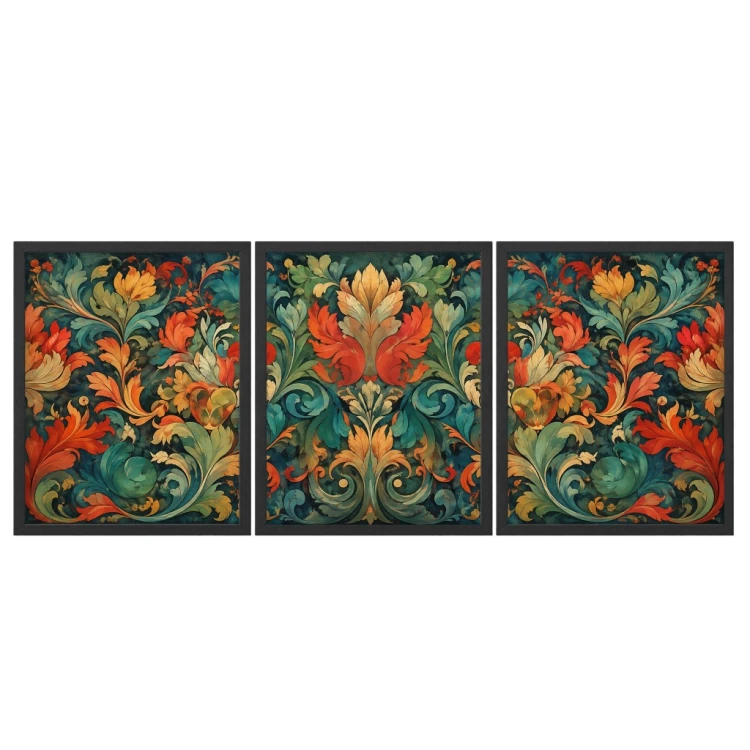 Zestaw 3 Obrazów w Ramach 33x43 cm Tryptyk Roślinny Ornament do Salonu