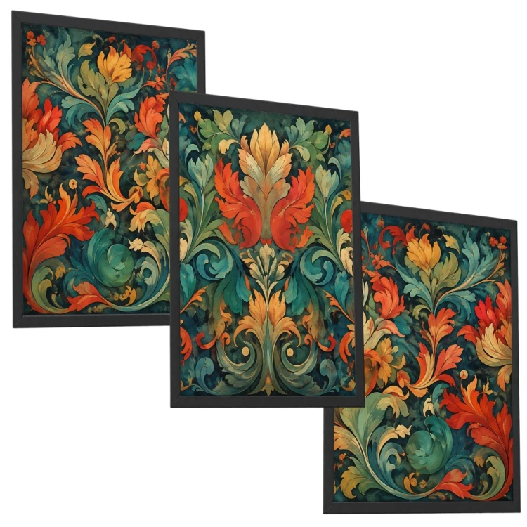 Zestaw 3 Obrazów w Ramach 33x43 cm Tryptyk Roślinny Ornament do Salonu