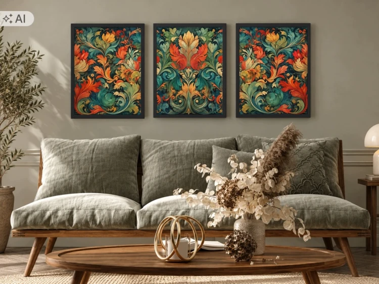 Zestaw 3 Obrazów w Ramach 33x43 cm Tryptyk Roślinny Ornament do Salonu