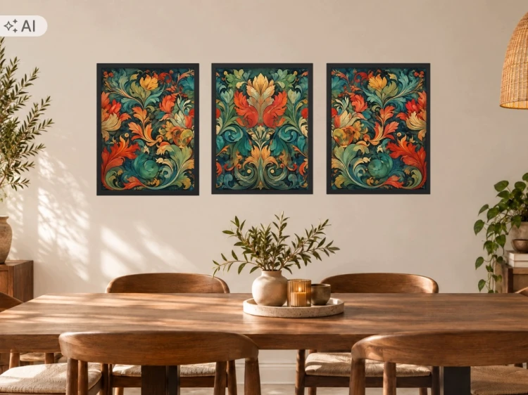 Zestaw 3 Obrazów w Ramach 33x43 cm Tryptyk Roślinny Ornament do Salonu