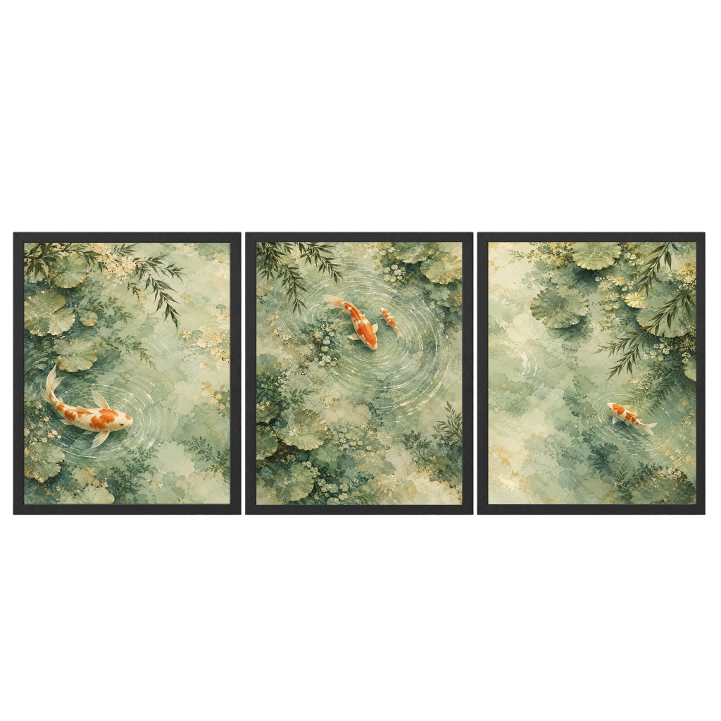 Obrazy do Salonu Zestaw 3 szt 33x43 cm Ryby Koi Zielone Orientalne