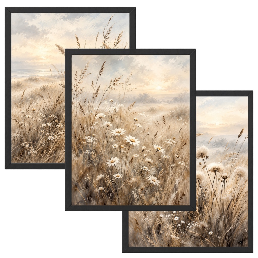 Zestaw 3 Obrazów w Ramach 33x43 cm Łąka Kwiaty Beżowe do Salonu