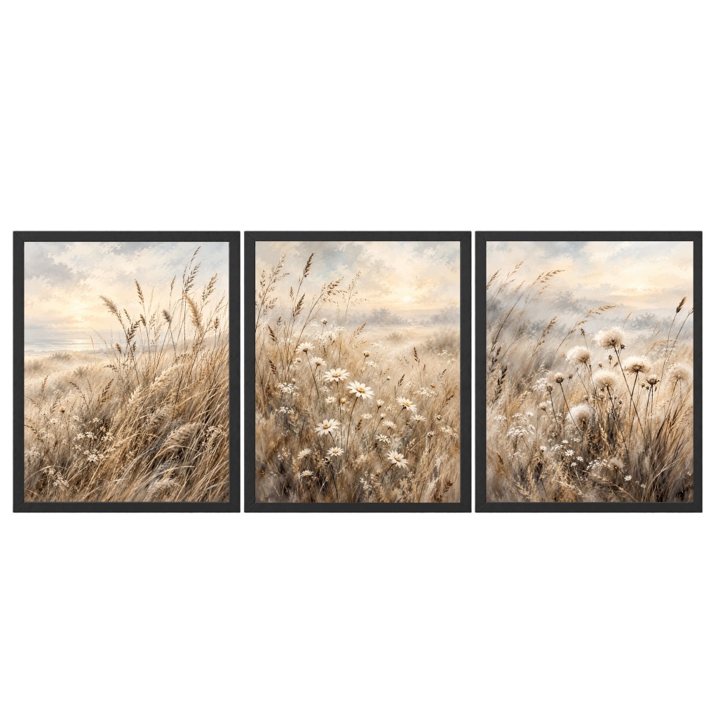 Zestaw 3 Obrazów w Ramach 33x43 cm Łąka Kwiaty Beżowe do Salonu