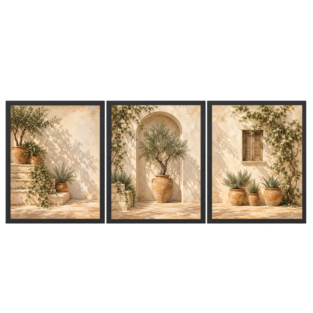 Zestaw 3 Obrazów 33x43 cm w Ramach Oliwka Beżowe Boho Śródziemnomorskie