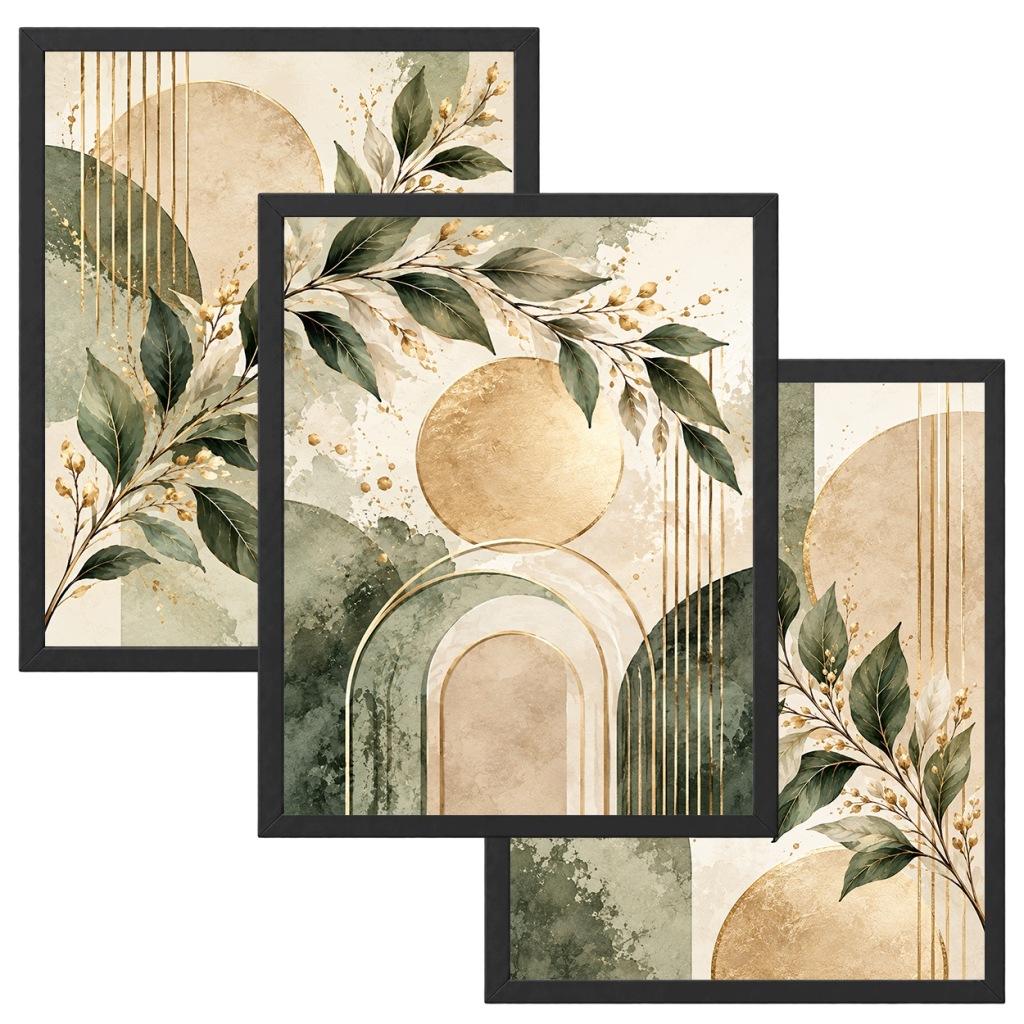 Zestaw 3 Obrazów w Ramach 33x43 cm Zielone Liście Złote do Salonu