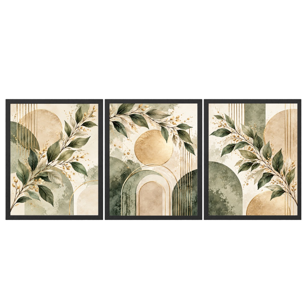 Zestaw 3 Obrazów w Ramach 33x43 cm Zielone Liście Złote do Salonu
