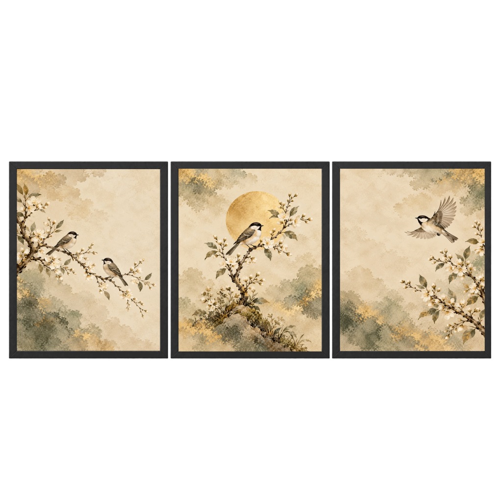 Obrazy do Salonu Zestaw 3 szt 33x43 cm w Ramach Ptaki Kwiaty Złote Słońce
