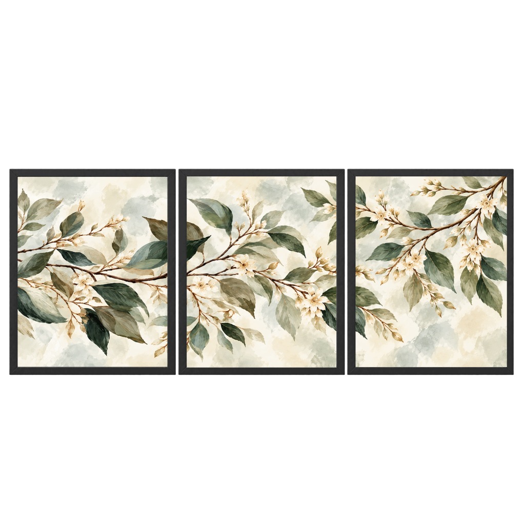 Zestaw 3 Obrazów w Ramach 33x43 cm Kwiaty Liście Botaniczne do Salonu