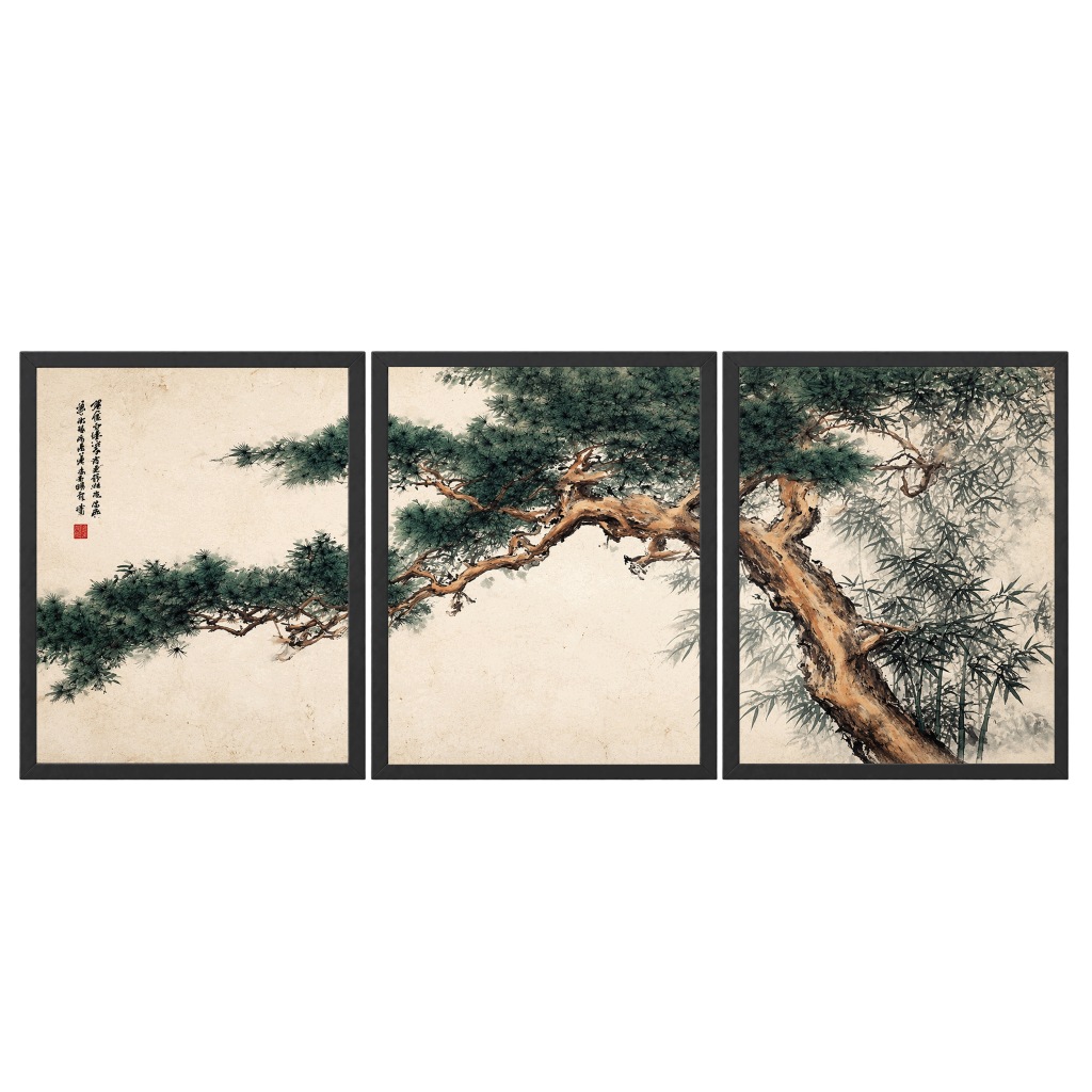 1. Zestaw 3 Obrazów w Ramach 33x43 cm Japandi Sosna Bambus do Salonu