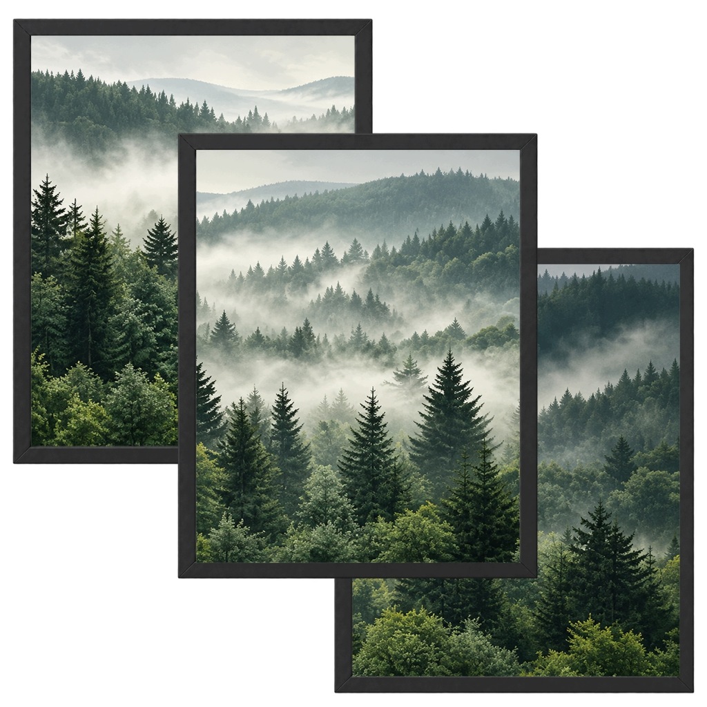 Zestaw 3 Obrazów w Ramach 33x43 cm Las Mgła Góry Natura do Salonu