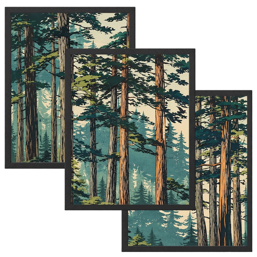 Tryptyk Las Drzewa 3 Obrazy w Ramach 33x43 cm do Salonu Sypialni Kuchni