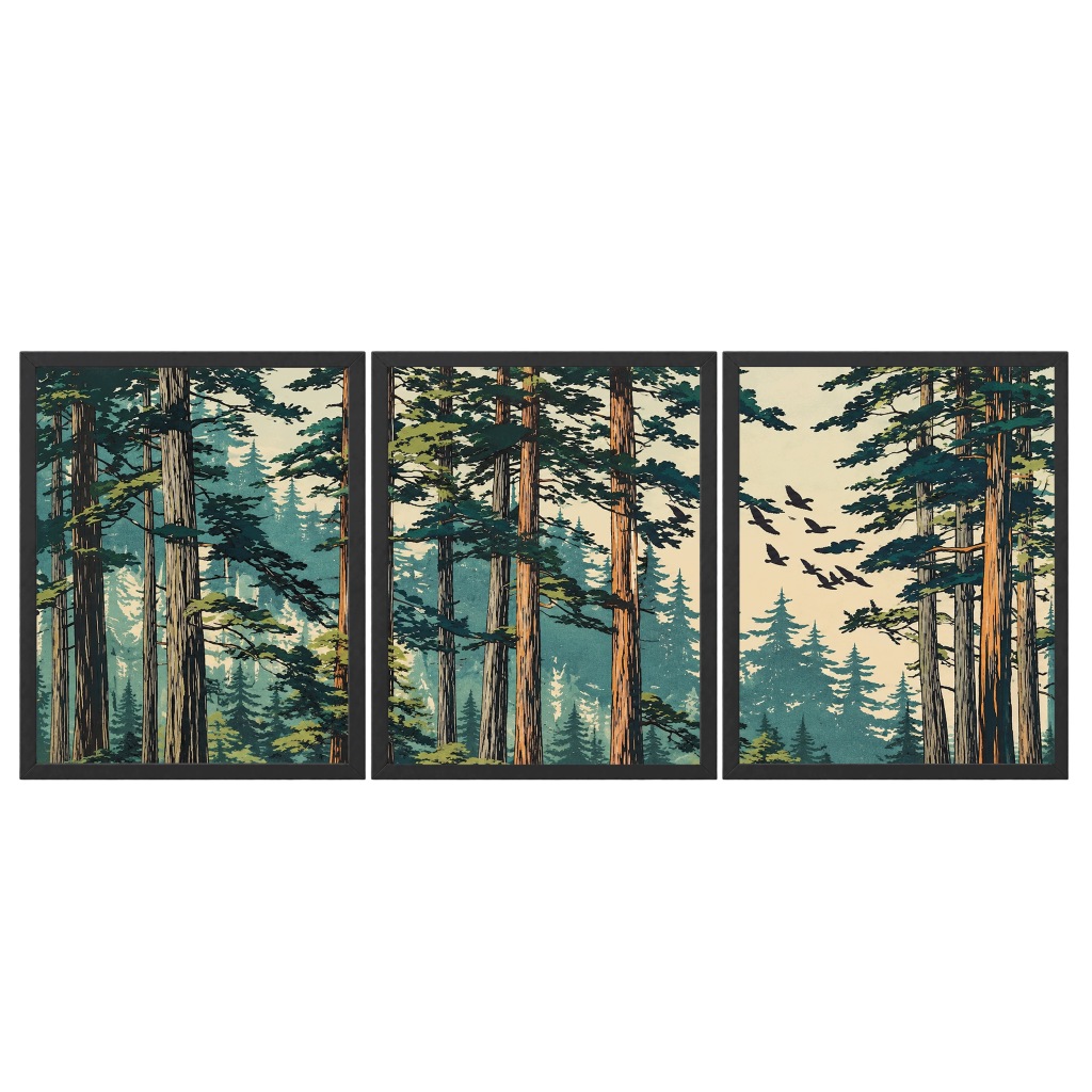 Tryptyk Las Drzewa 3 Obrazy w Ramach 33x43 cm do Salonu Sypialni Kuchni