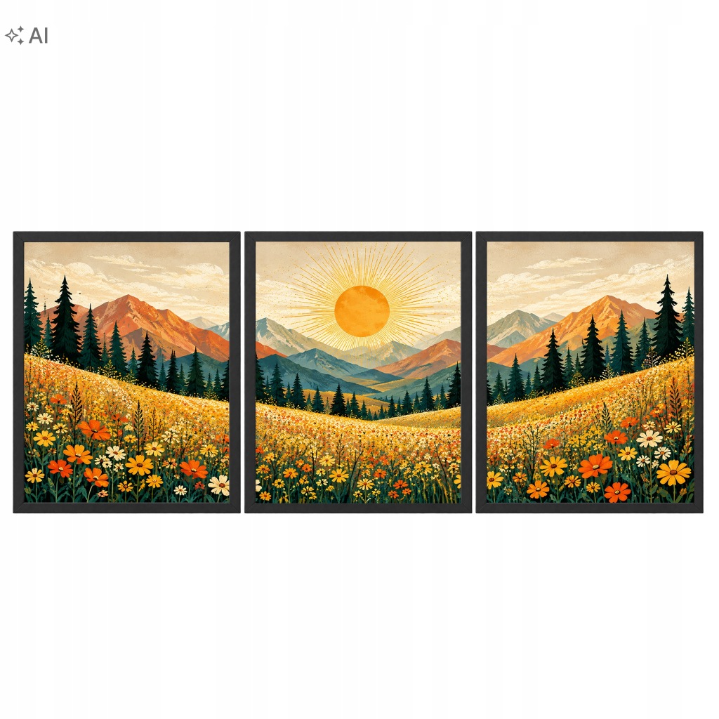 Obrazy do Salonu Zestaw 3 szt 33x43 cm w Ramach Góry Kwiaty Słońce