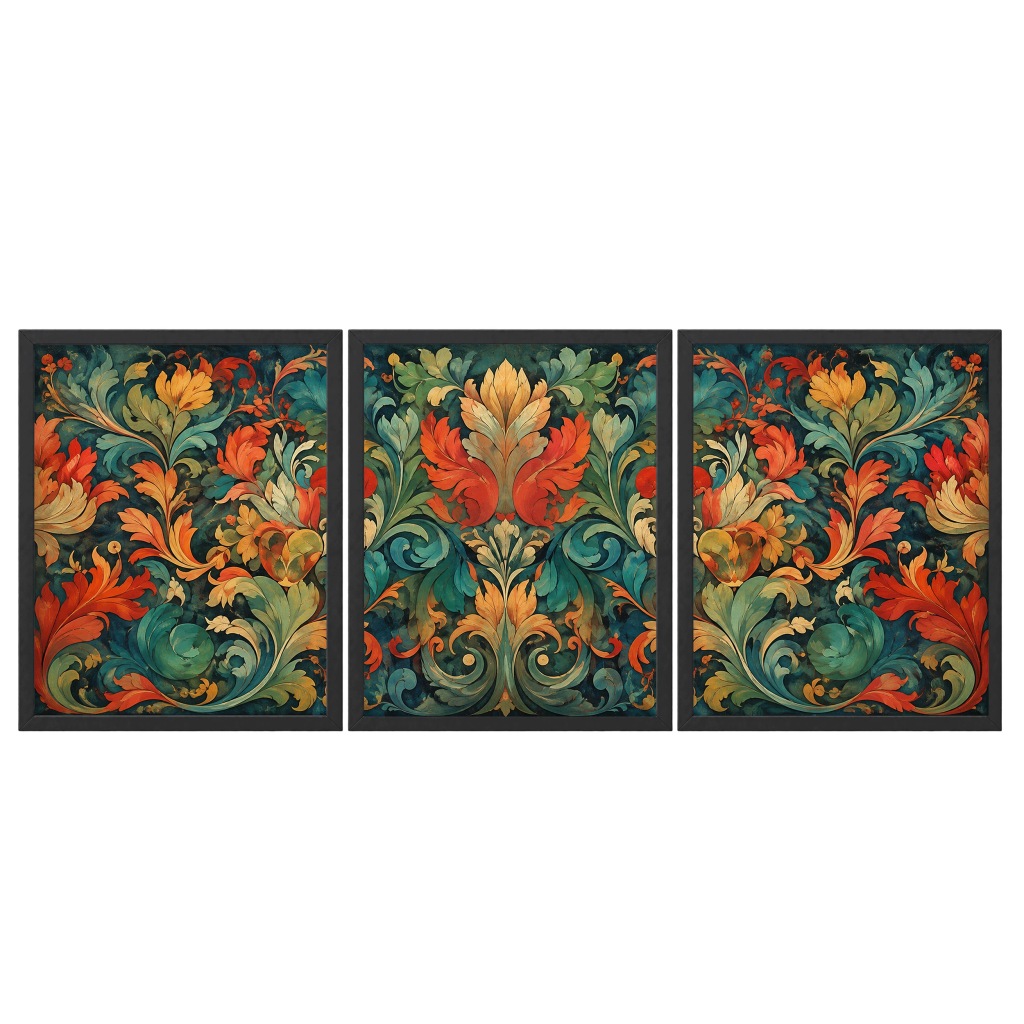 Zestaw 3 Obrazów w Ramach 33x43 cm Tryptyk Roślinny Ornament do Salonu